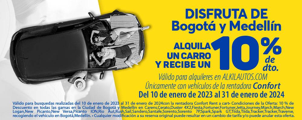10 % de descuento en todas las gamas con la rentadora de carros Confort en las ciudades de Bogotá y Medellín