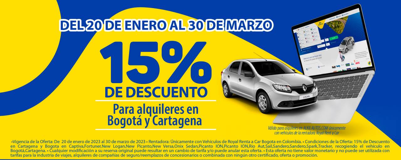 Recibe un 15% de descuento en el alquiler de un carro en Cartagena y Bogotá con la rentadora Royal Rent a Car